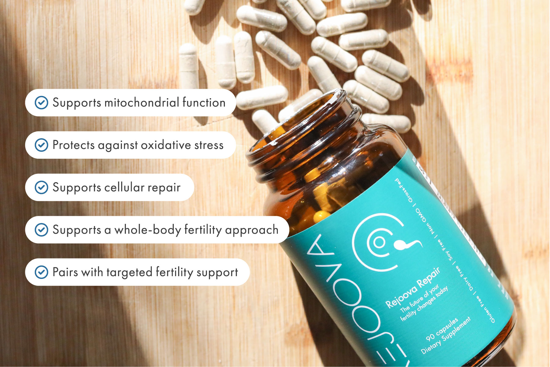 Rejoova Repair bottle spilling open with fertility supplements and Supports mitochondrial function, Protects against oxidative stress, Supports cellular repair, Supports a whole-body fertility approach, Pairs with targeted fertility support