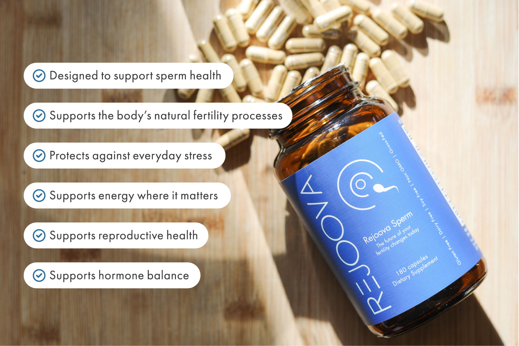 Rejoova Sperm is Designed to support sperm health, Supports the body’s natural fertility processes, Protects against everyday stress, Supports energy where it matters, Supports reproductive health, Supports hormone balance
