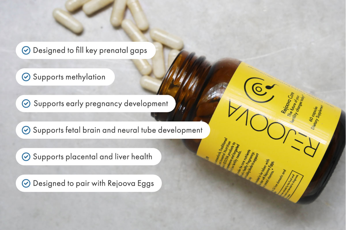 Rejoova Core is designed to fill key prenatal gaps, supports methylation, supports early pregnancy development, supports fetal brain and neural tube development, supports placental and liver health, and is designed to pair with Rejoova Eggs.